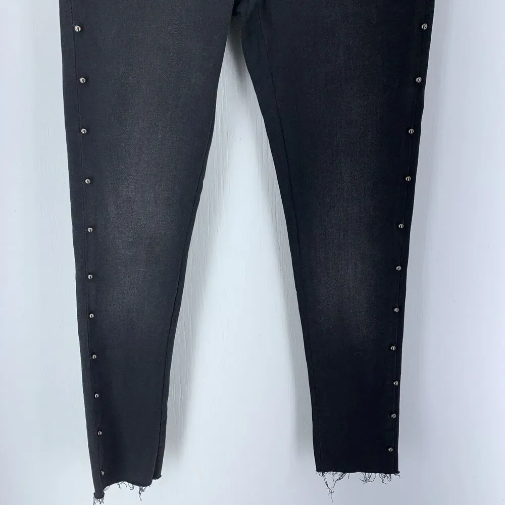 Zara Denim Womens 6 Jeans‎ Studded Moto Biker Whimsy Goth Stretch Fringe Black